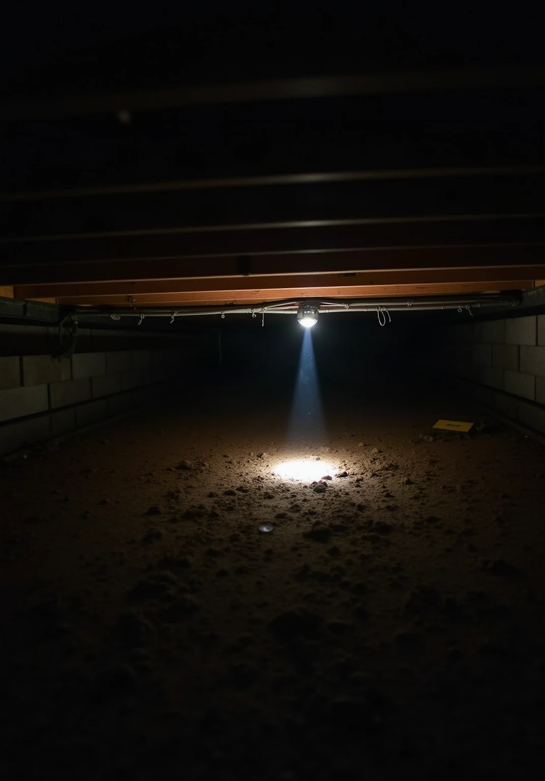 Photograph of a dark residential crawlspace under a house, dirt floor, wooden joists, one beam of daylight entering through a gap at the sill, flashlight glow,