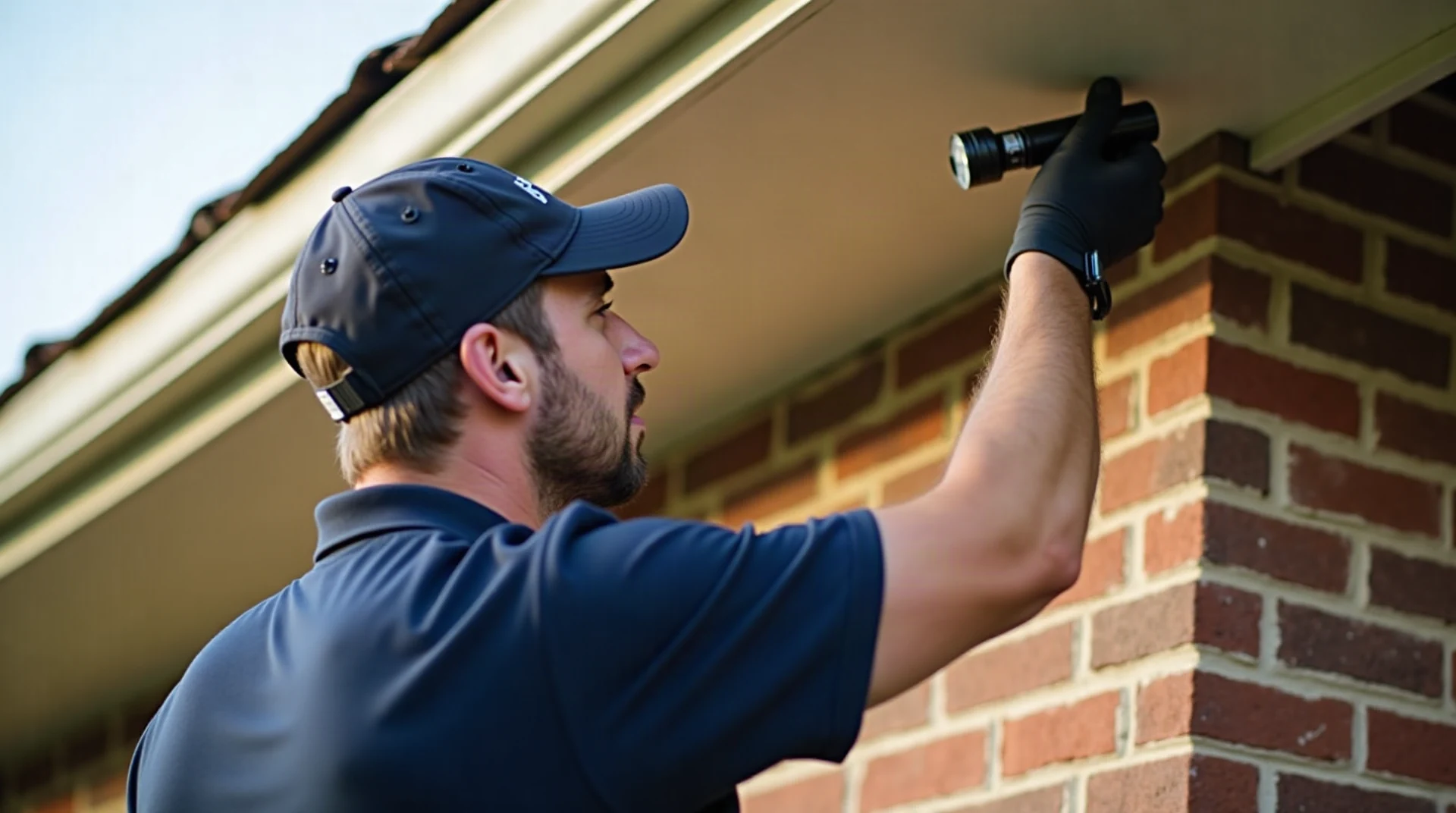 Photograph of a pest control technician in a navy polo shirt inspecting the roof eave and soffit of a modern brick Texas suburban house with a flashlight, natur