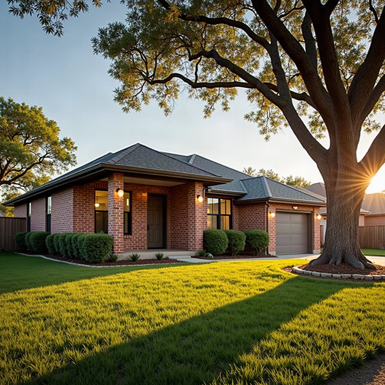 Photograph of a modern single-story brick home in Irving Texas at golden hour with a neat lawn and live oak tree, realistic architectural photo, no people, no t
