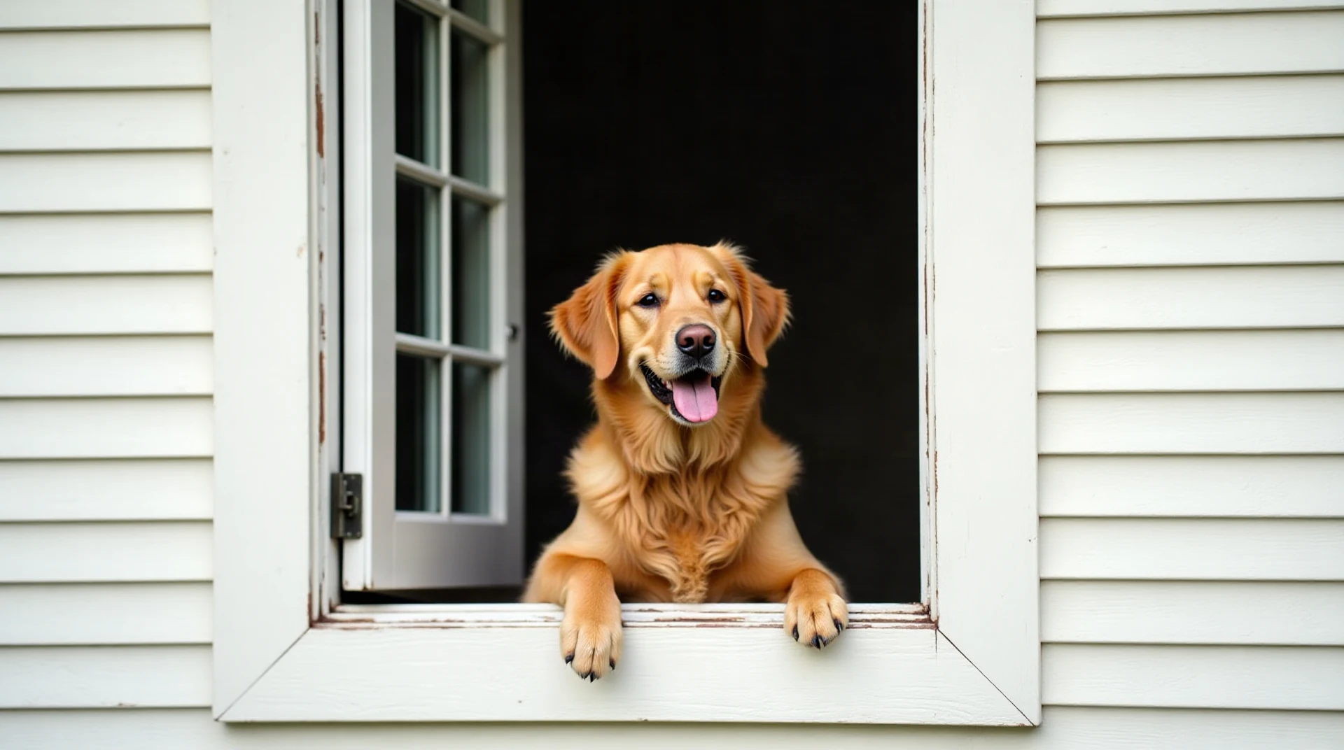Photograph of a happy golden retriever looking out of an open window in the white siding wall of a Texas house, sunny day, realistic, no text
