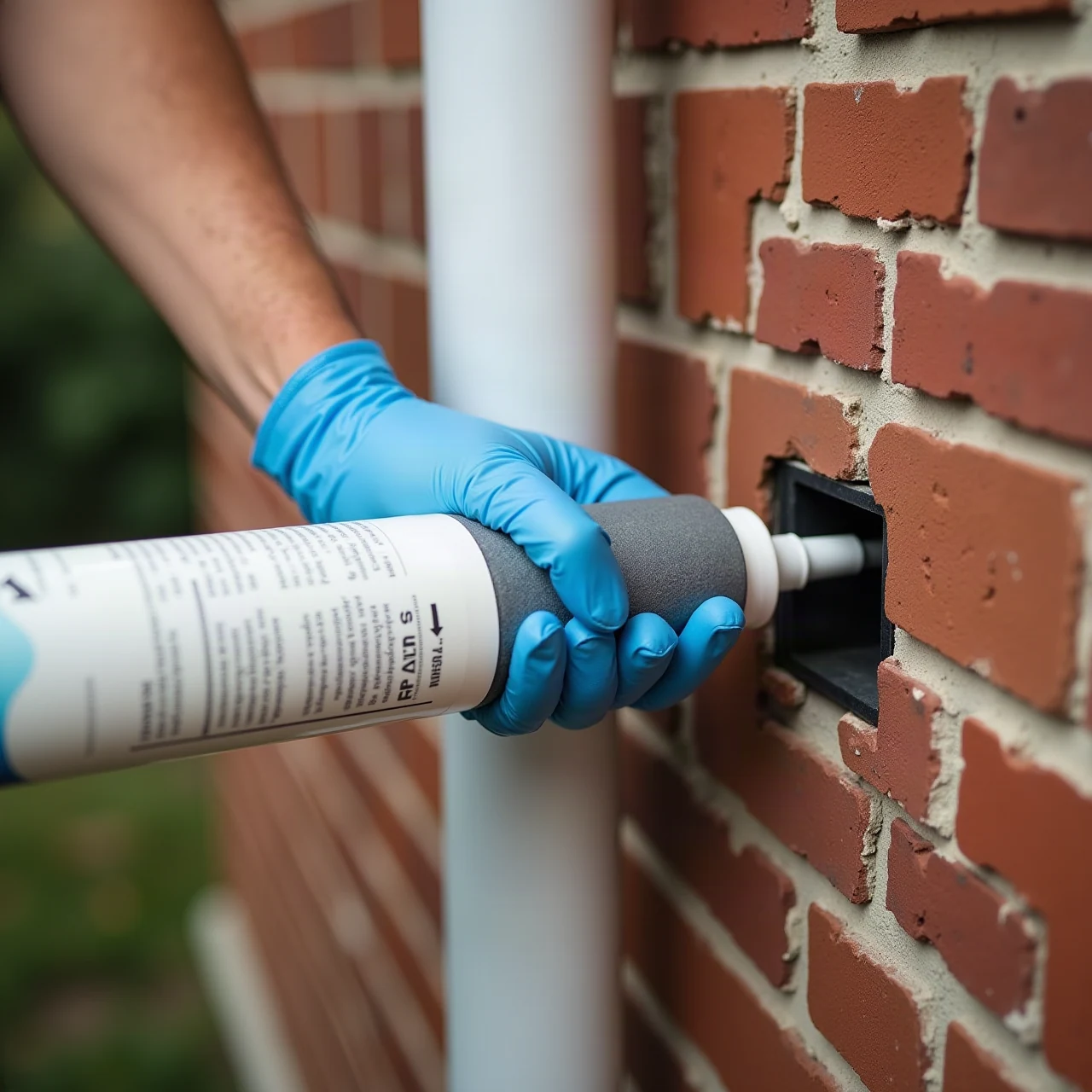 Close photograph of a gloved hand sealing a small gap around a utility pipe entering the exterior brick wall of a house with caulk, realistic, natural light, no