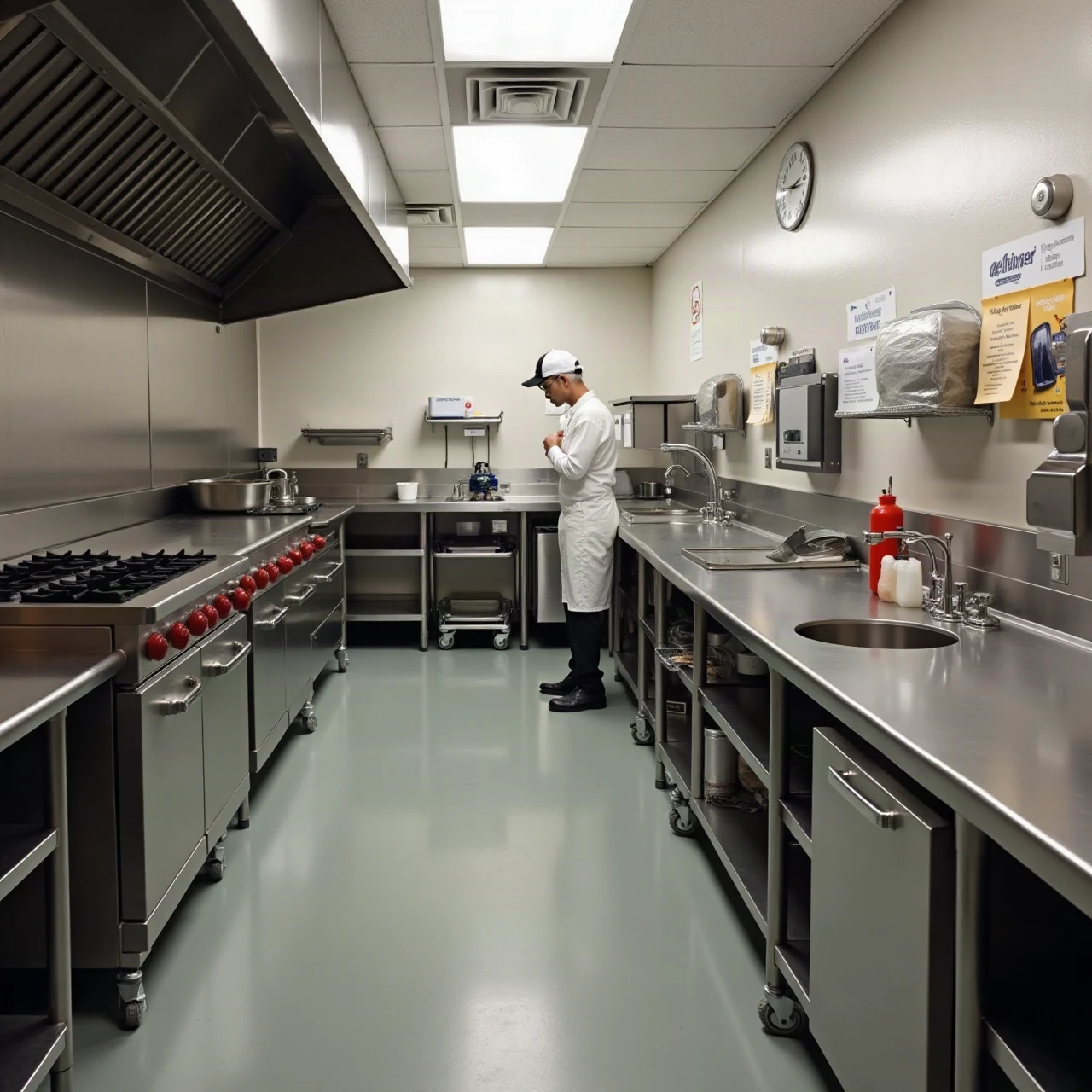 Photograph of the clean back-of-house area of a commercial restaurant kitchen with stainless steel counters and a technician checking a bait station along the w