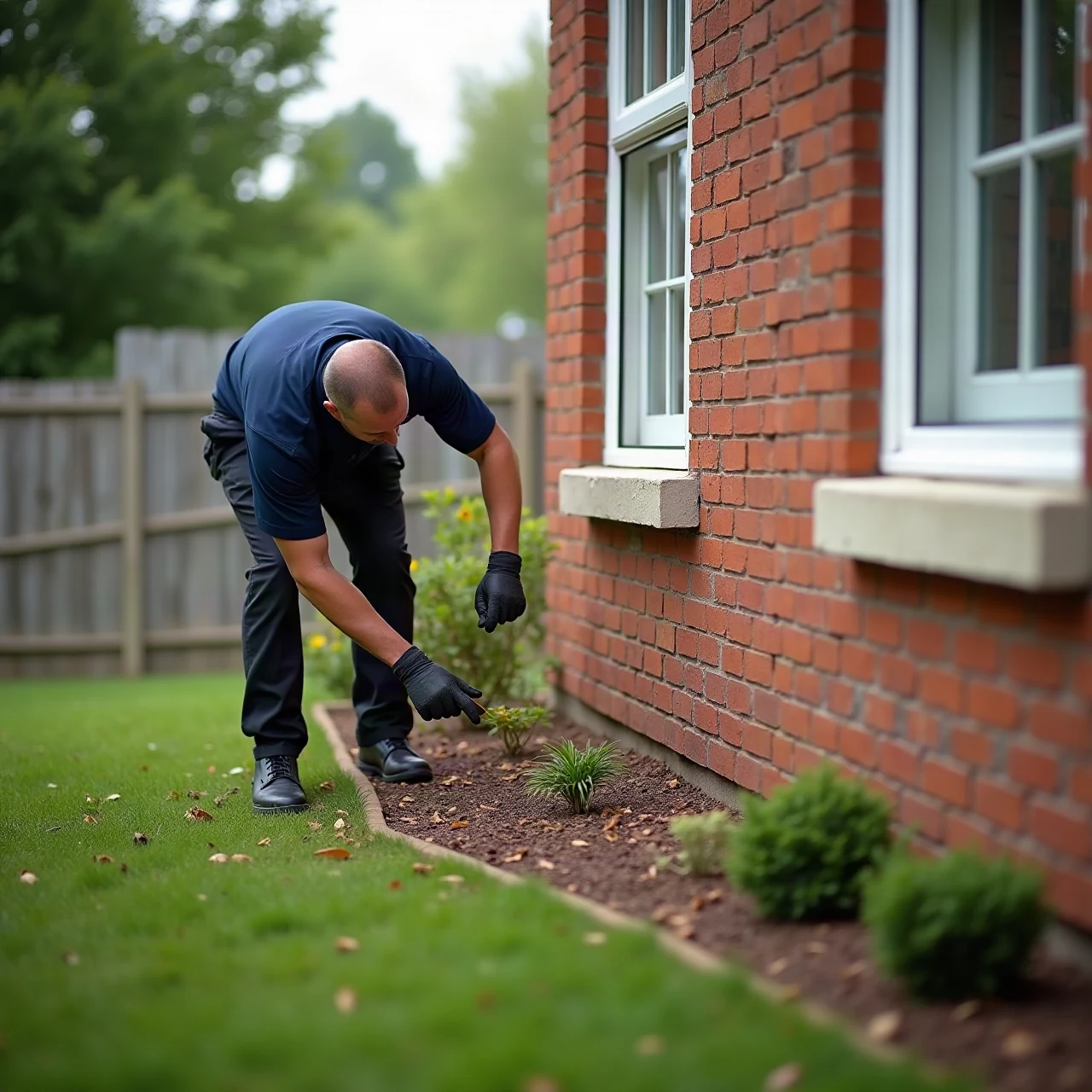Close photograph of a pest control technician in navy shirt applying a perimeter treatment along the foundation of a tidy brick house with garden bed, realistic