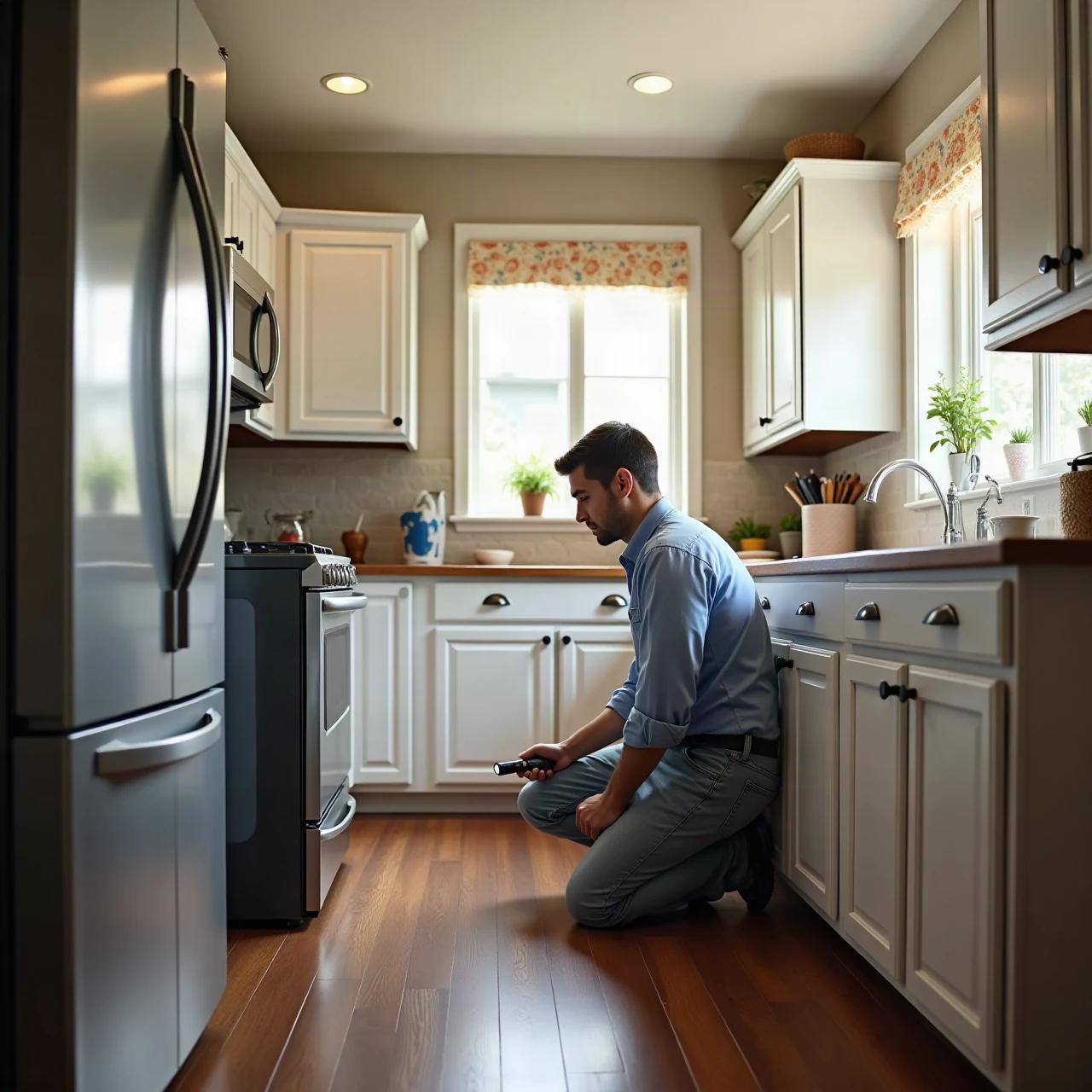 Photograph of a clean modern family kitchen in a Texas home with a technician kneeling to check under the sink cabinet with a flashlight, bright natural light,