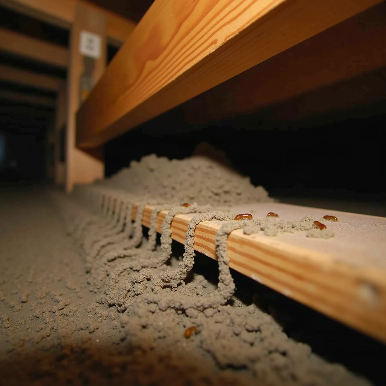 Close-up photograph of termite mud tubes running up a wooden sill plate in a house crawlspace, lit by a flashlight, realistic, no insects visible, no text